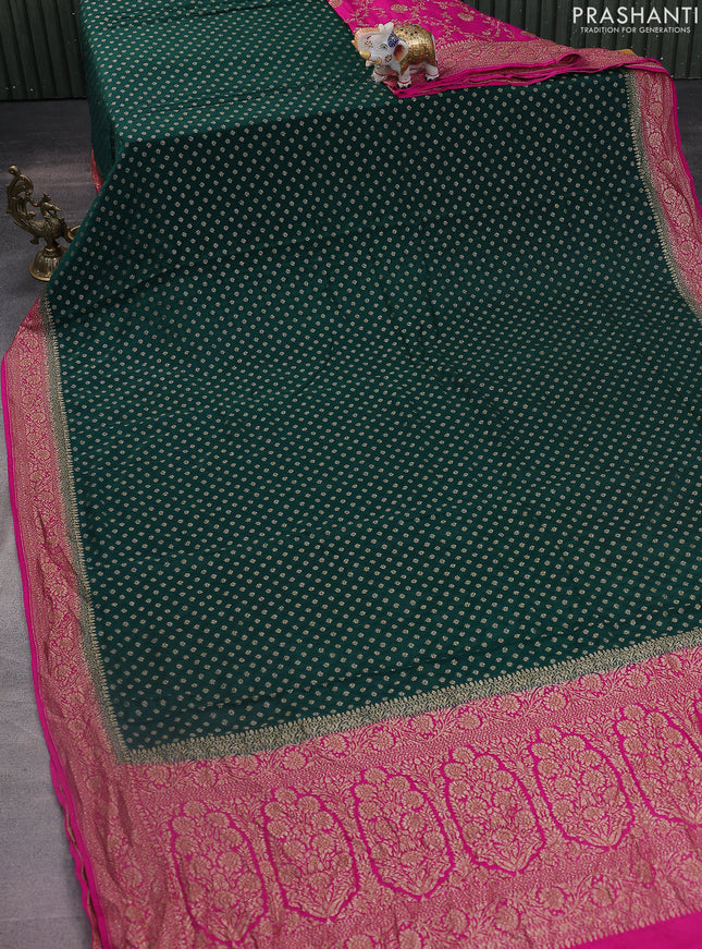 Banarasi crepe partly saree green and pink with woven buttas and woven border
