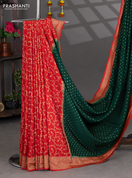 Banarasi crepe partly saree green and red with woven buttas and woven border