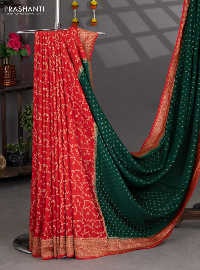 Banarasi crepe partly saree green and red with woven buttas and woven border