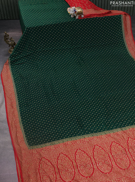 Banarasi crepe partly saree green and red with woven buttas and woven border