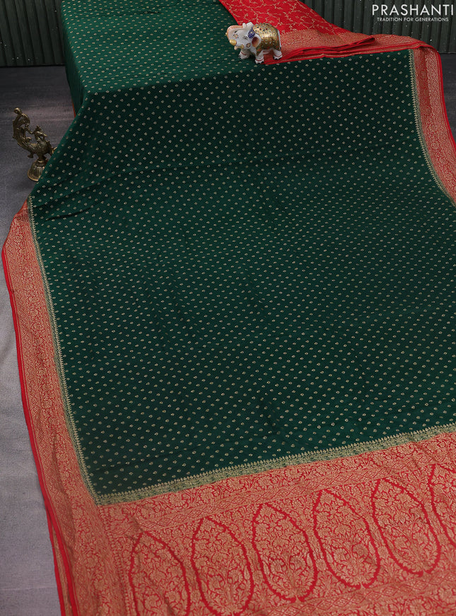 Banarasi crepe partly saree green and red with woven buttas and woven border