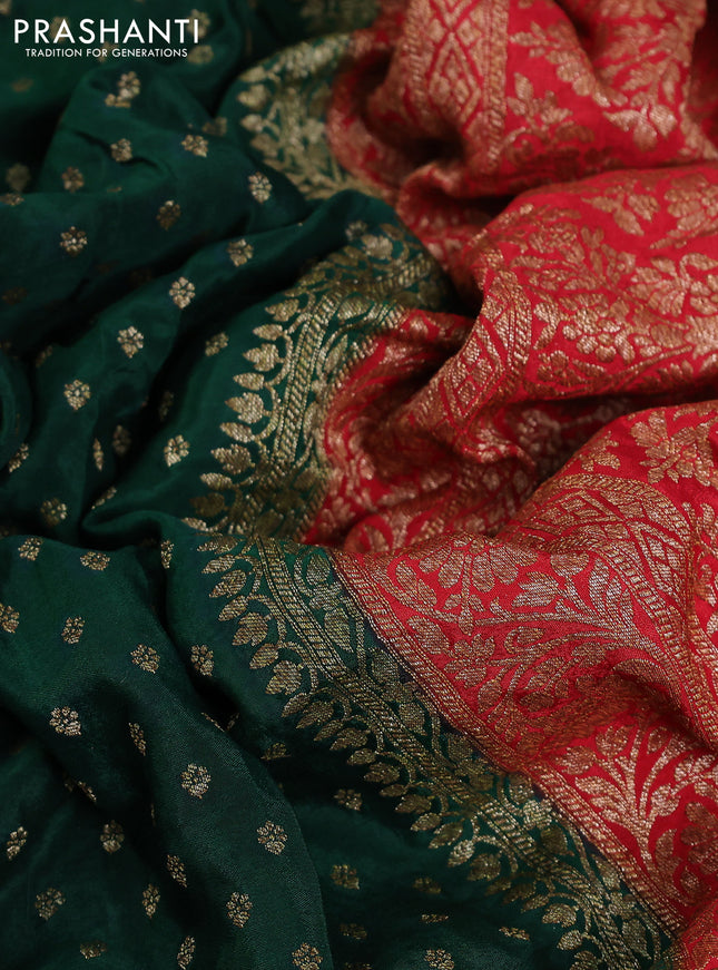Banarasi crepe partly saree green and red with woven buttas and woven border