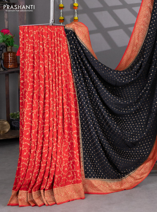 Banarasi crepe partly saree black and red with woven buttas and woven border