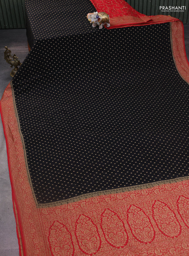 Banarasi crepe partly saree black and red with woven buttas and woven border