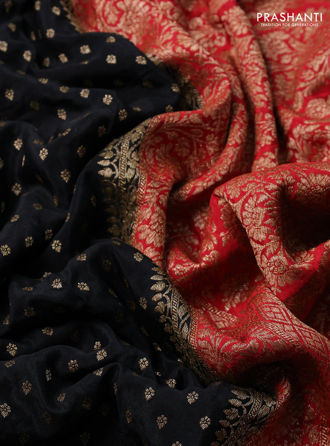 Banarasi crepe partly saree black and red with woven buttas and woven border