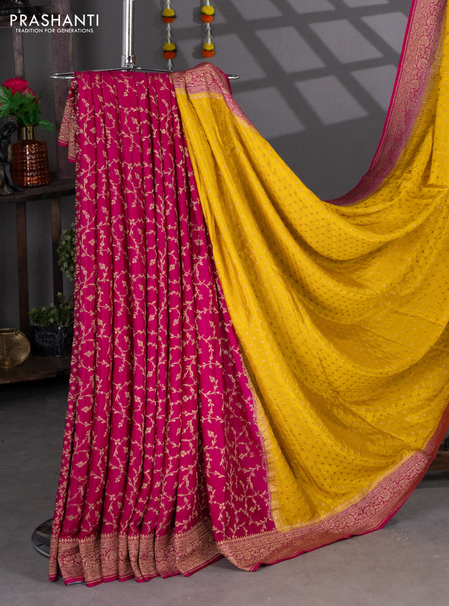 Banarasi crepe partly saree mustard yellow and pink with woven buttas and woven border