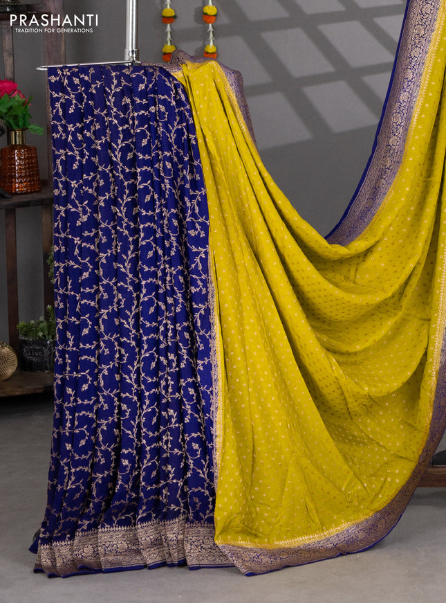 Banarasi crepe partly saree lime yellow and violet with woven buttas and woven border