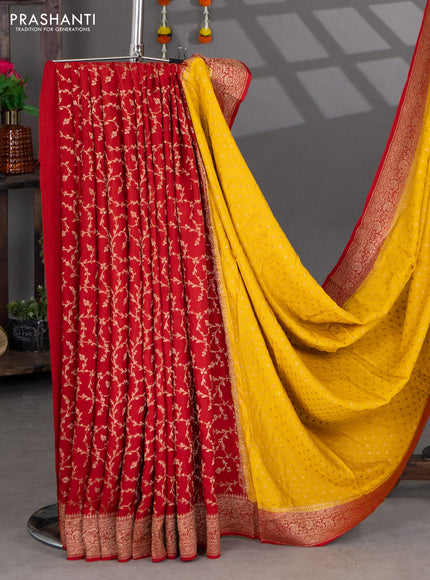 Banarasi crepe partly saree mustard yellow and maroon with woven buttas and woven border