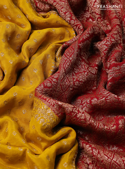 Banarasi crepe partly saree mustard yellow and maroon with woven buttas and woven border