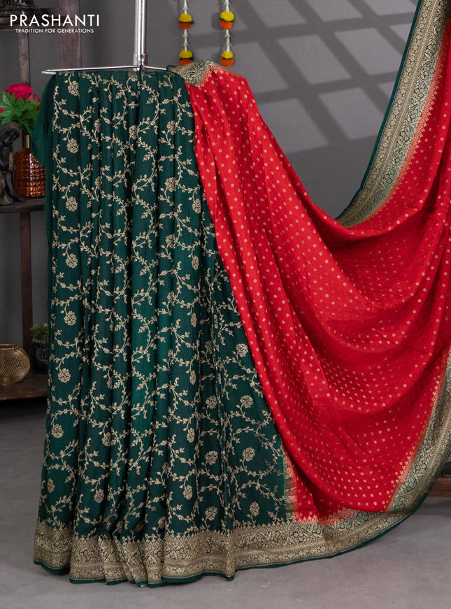 Banarasi crepe partly saree red and green with woven buttas and woven border