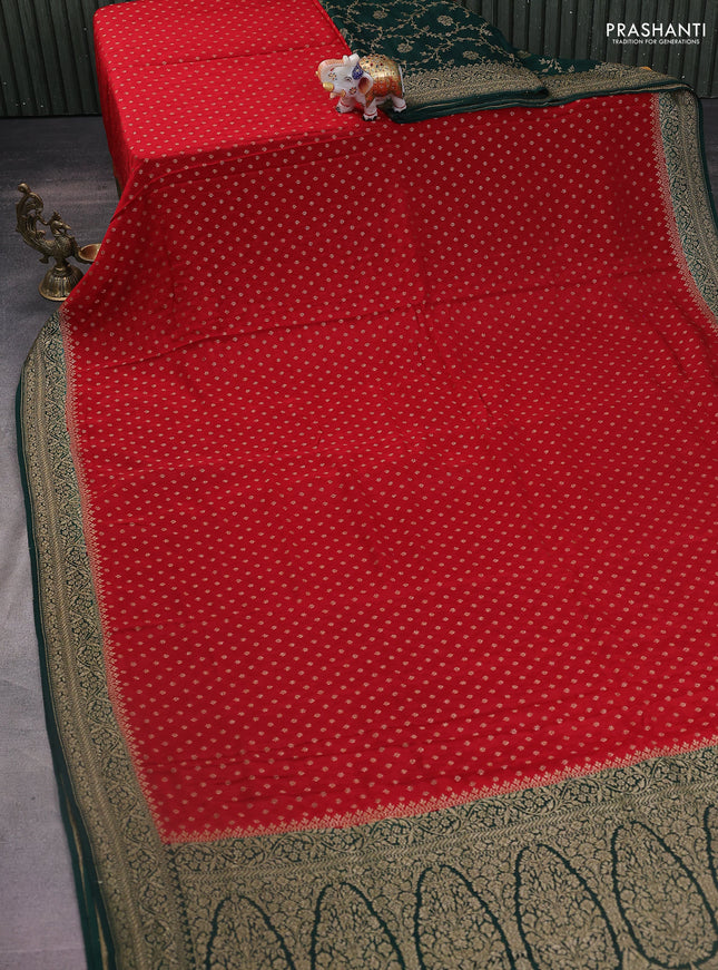 Banarasi crepe partly saree red and green with woven buttas and woven border
