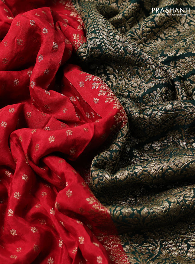 Banarasi crepe partly saree red and green with woven buttas and woven border