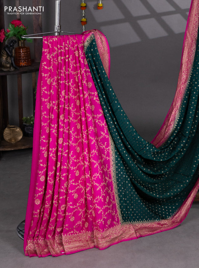 Banarasi crepe partly saree green and pink with woven buttas and woven border