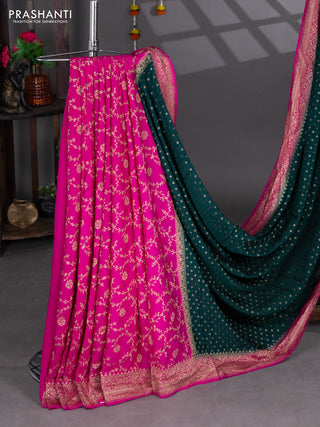 Banarasi crepe partly saree green and pink with woven buttas and woven border