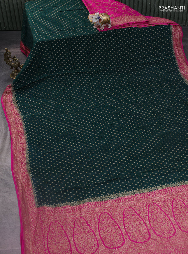Banarasi crepe partly saree green and pink with woven buttas and woven border