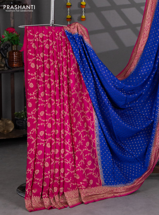 Banarasi crepe partly saree blue and pink with woven buttas and woven border