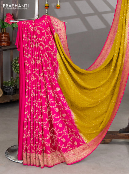 Banarasi crepe partly saree lime yellow and pink with woven buttas and woven border