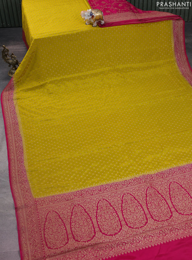 Banarasi crepe partly saree lime yellow and pink with woven buttas and woven border