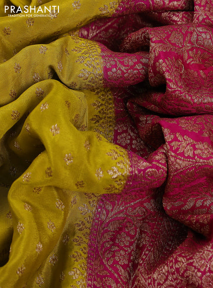 Banarasi crepe partly saree lime yellow and pink with woven buttas and woven border