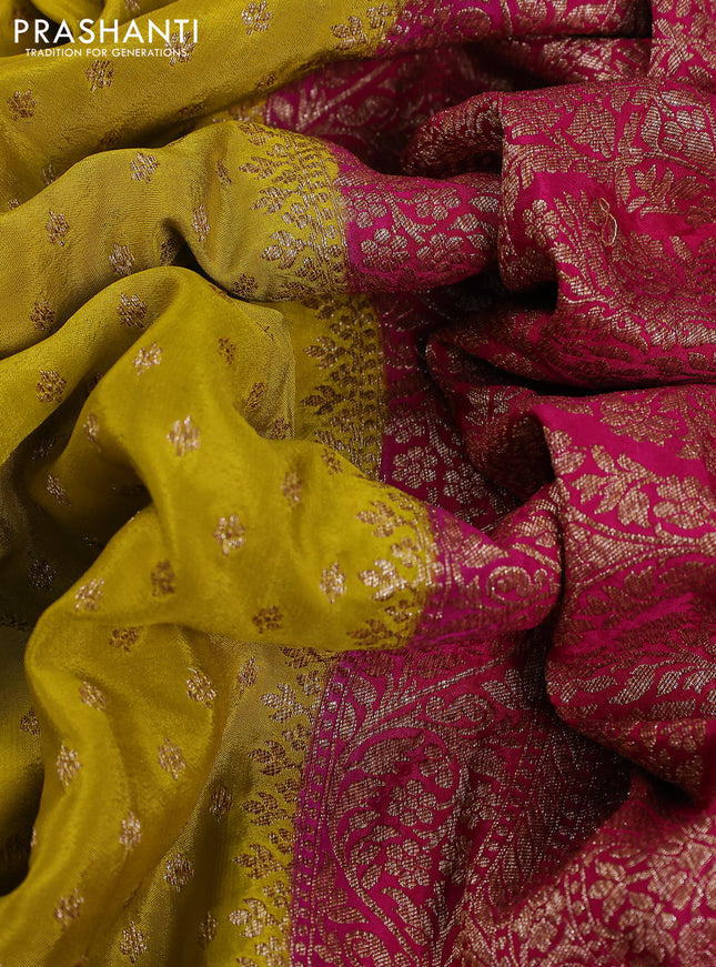 Banarasi crepe partly saree lime yellow and pink with woven buttas and woven border