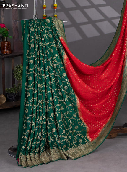 Banarasi crepe partly saree red and green with woven buttas and woven border