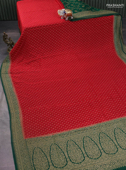Banarasi crepe partly saree red and green with woven buttas and woven border