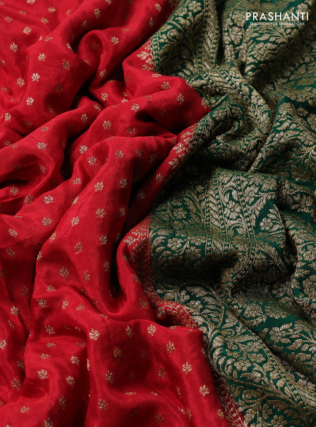 Banarasi crepe partly saree red and green with woven buttas and woven border