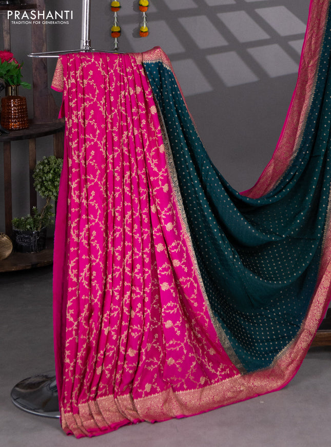 Banarasi crepe partly saree green and pink with woven buttas and woven border