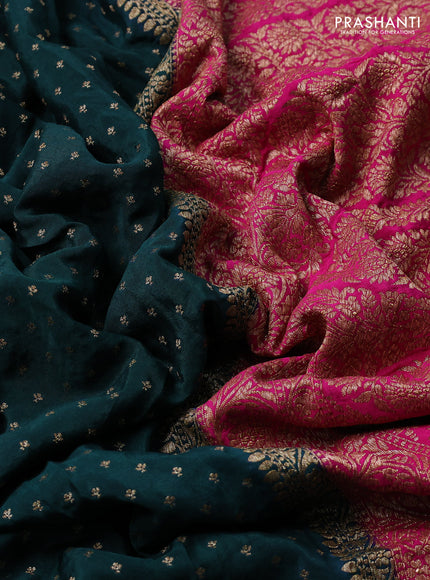 Banarasi crepe partly saree green and pink with woven buttas and woven border
