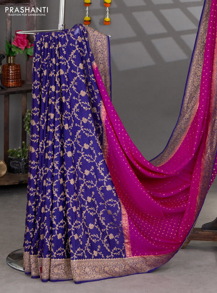 Banarasi crepe partly saree pink and violet with woven buttas and woven border