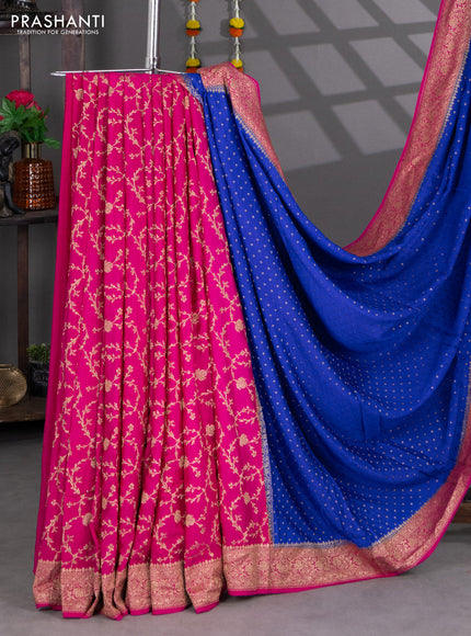 Banarasi crepe partly saree royal blue and pink with woven buttas and woven border