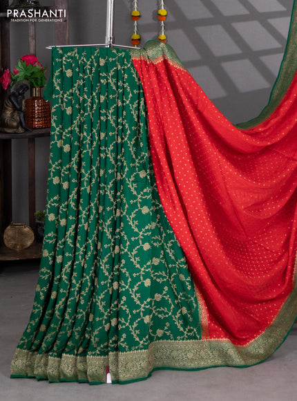 Banarasi crepe partly saree pink and green with woven buttas and woven border