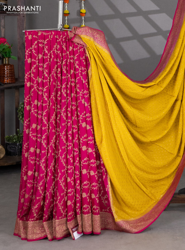 Banarasi crepe partly saree mustard yellow and pink with woven buttas and woven border