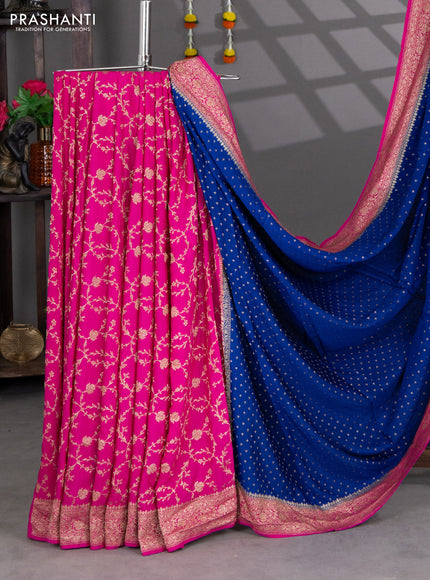 Banarasi crepe partly saree blue and pink with woven buttas and woven border