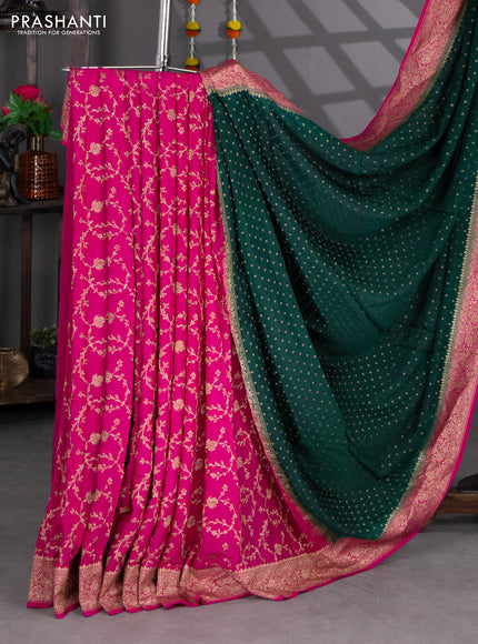 Banarasi crepe partly saree green and pink with woven buttas and woven border