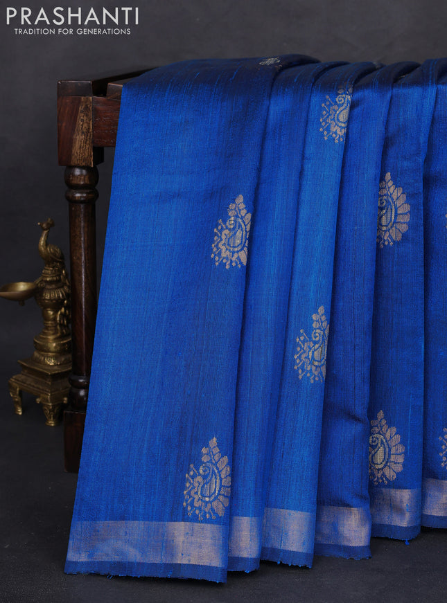 Pure dupion silk saree cs blue with thread & zari woven buttas and zari woven border