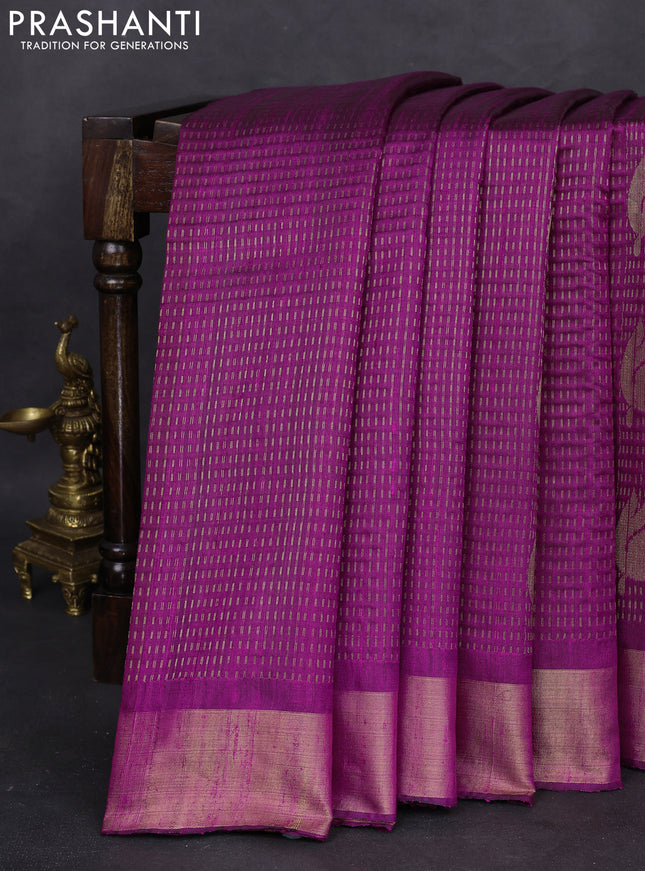 Pure dupion silk saree purple with allover zari weaves and zari woven border