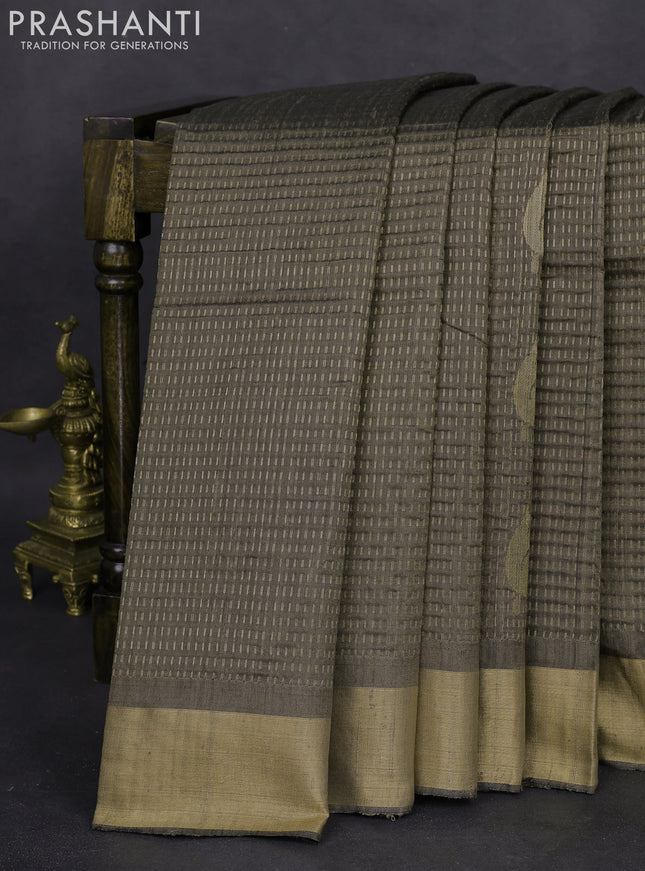 Pure dupion silk saree sap green with allover zari weaves and zari woven border