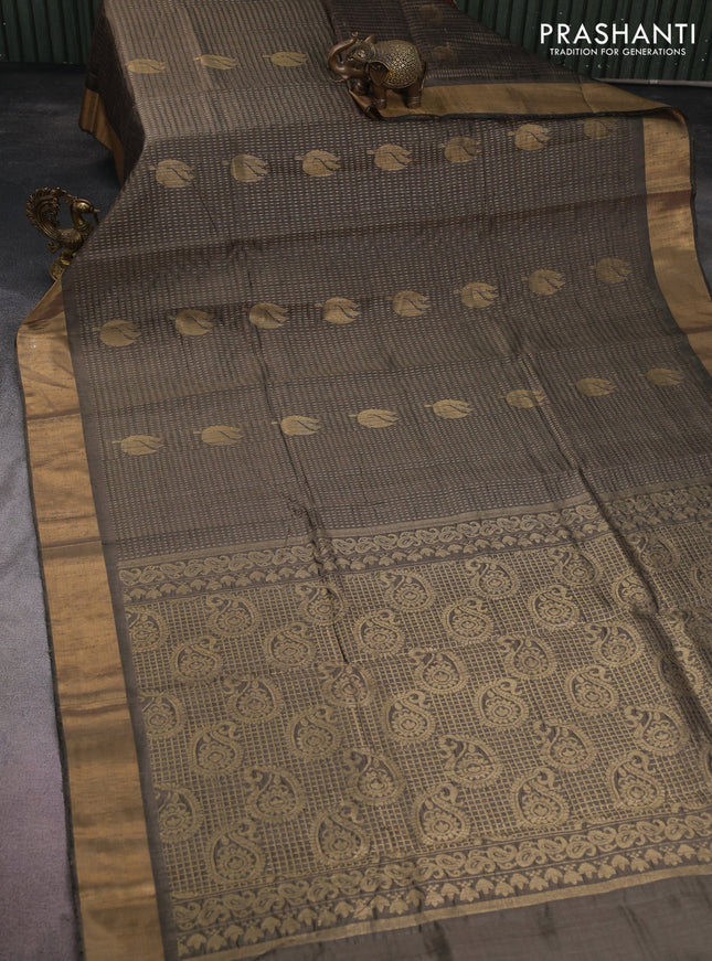Pure dupion silk saree sap green with allover zari weaves and zari woven border