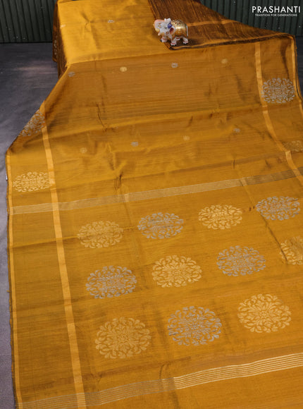 Pure dupion silk saree mustard yellow with thread & zari woven buttas and woven butta border
