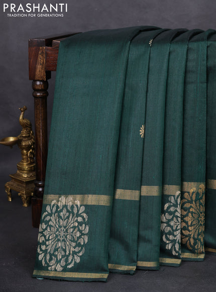 Pure dupion silk saree bottle green with thread & zari woven buttas and woven butta border