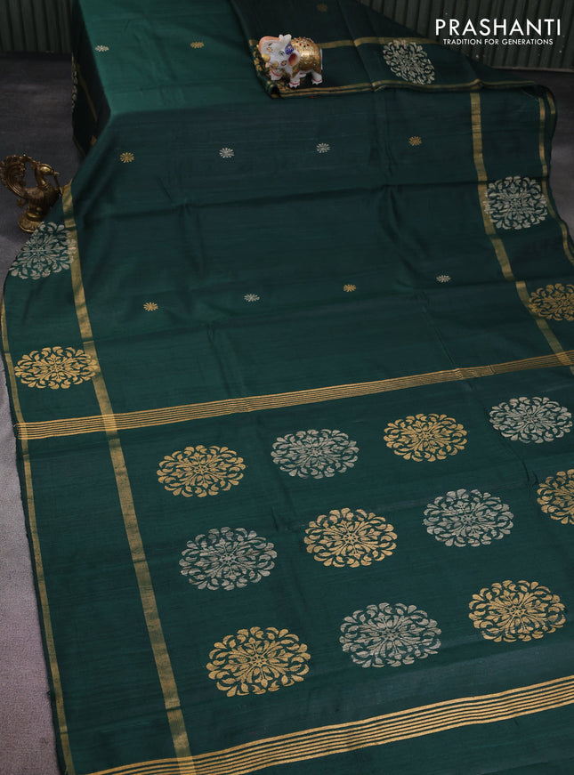 Pure dupion silk saree bottle green with thread & zari woven buttas and woven butta border