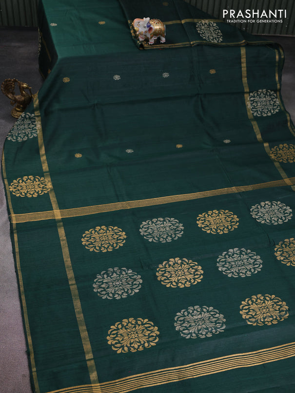 Pure dupion silk saree bottle green with thread & zari woven buttas and woven butta border
