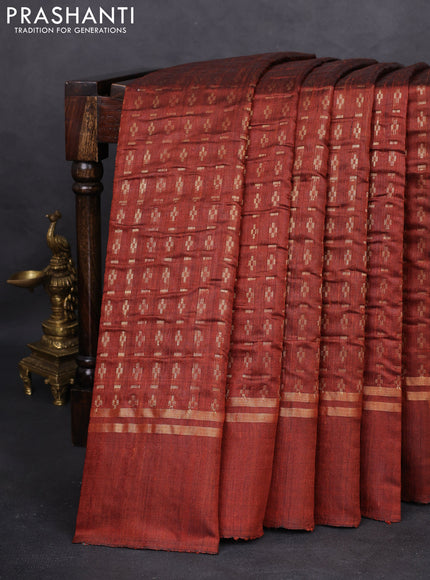 Pure dupion silk saree brown with allover zari weaves and zari woven simple border