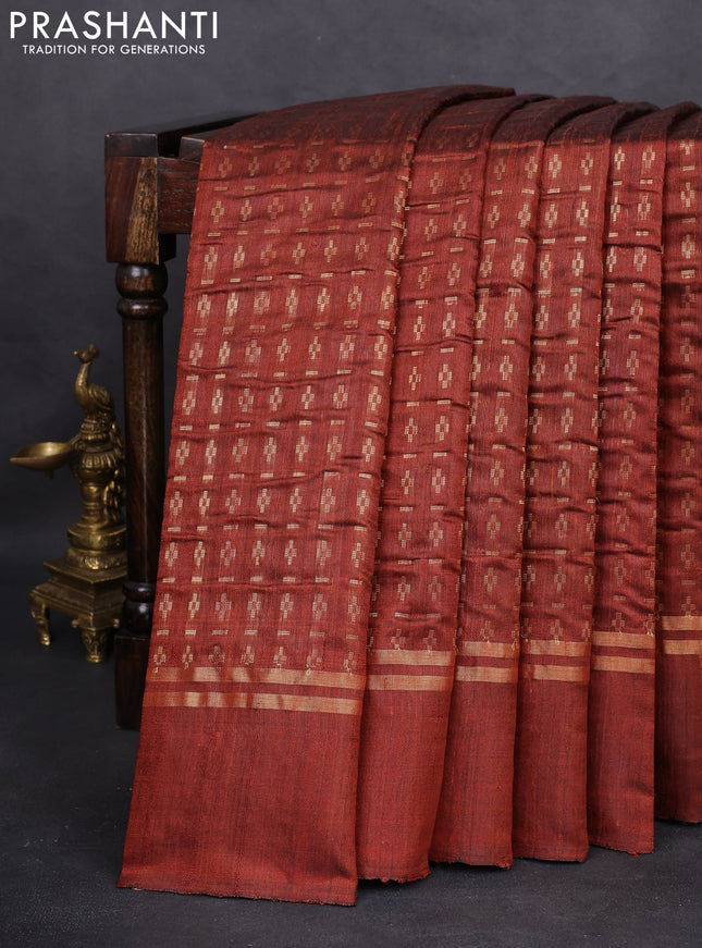 Pure dupion silk saree brown with allover zari weaves and zari woven simple border
