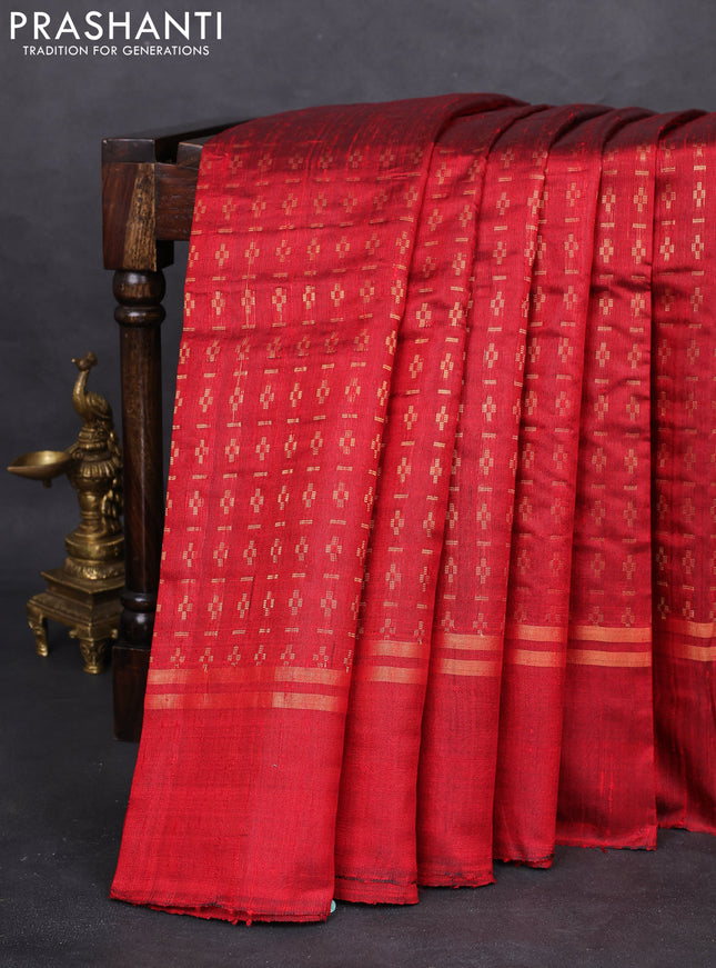 Pure dupion silk saree maroon with allover zari weaves and zari woven simple border