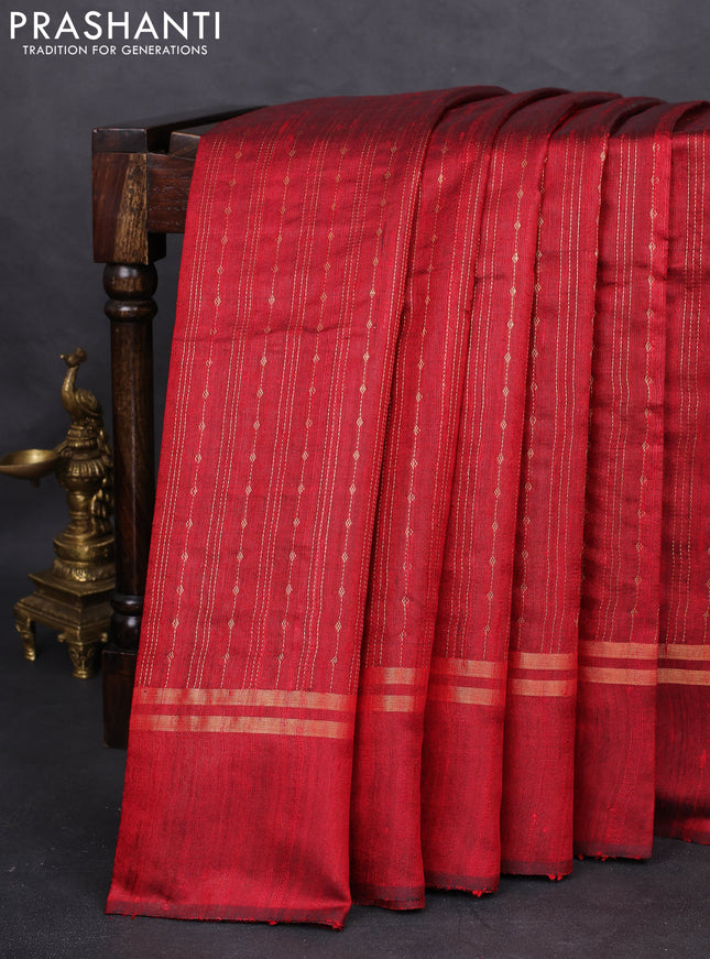 Pure dupion silk saree maroon with allover zari weaves and zari woven simple border