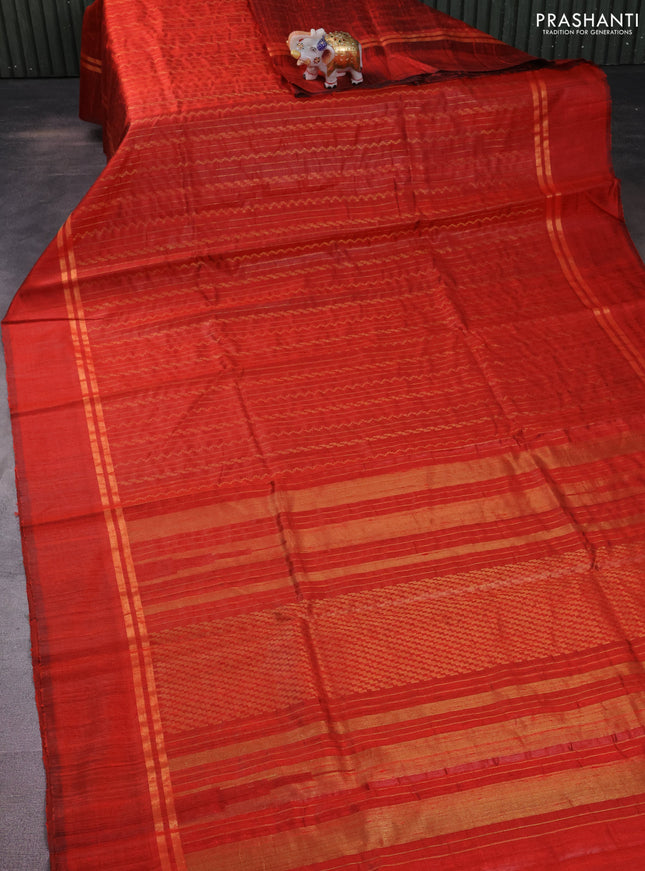 Pure dupion silk saree orange with allover zari weaves and zari woven simple border