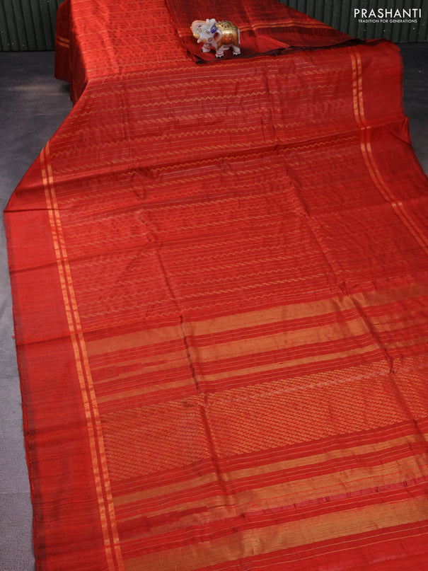 Pure dupion silk saree orange with allover zari weaves and zari woven simple border