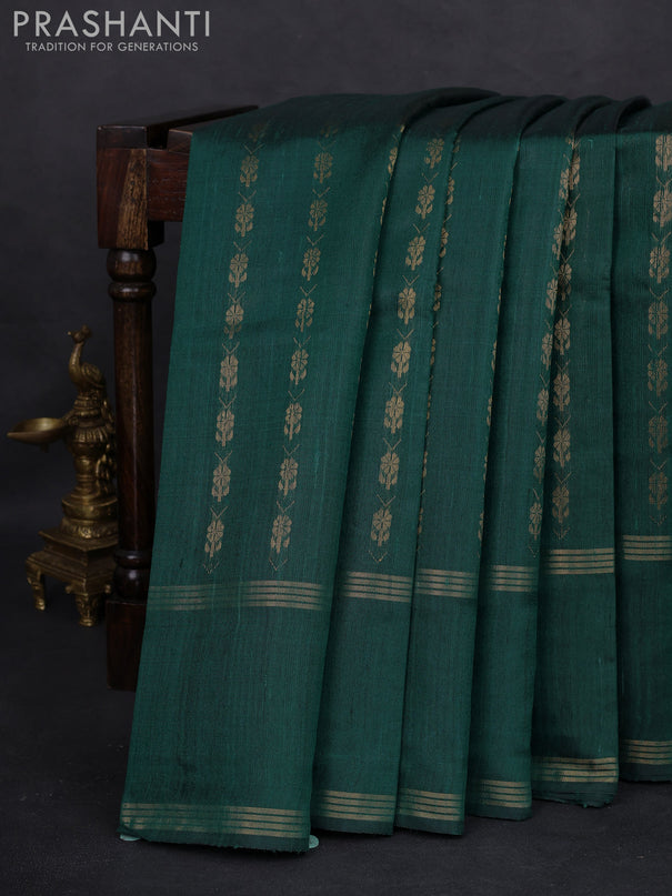 Pure dupion silk saree peacock green with allover zari weaves and rettapet zari woven border